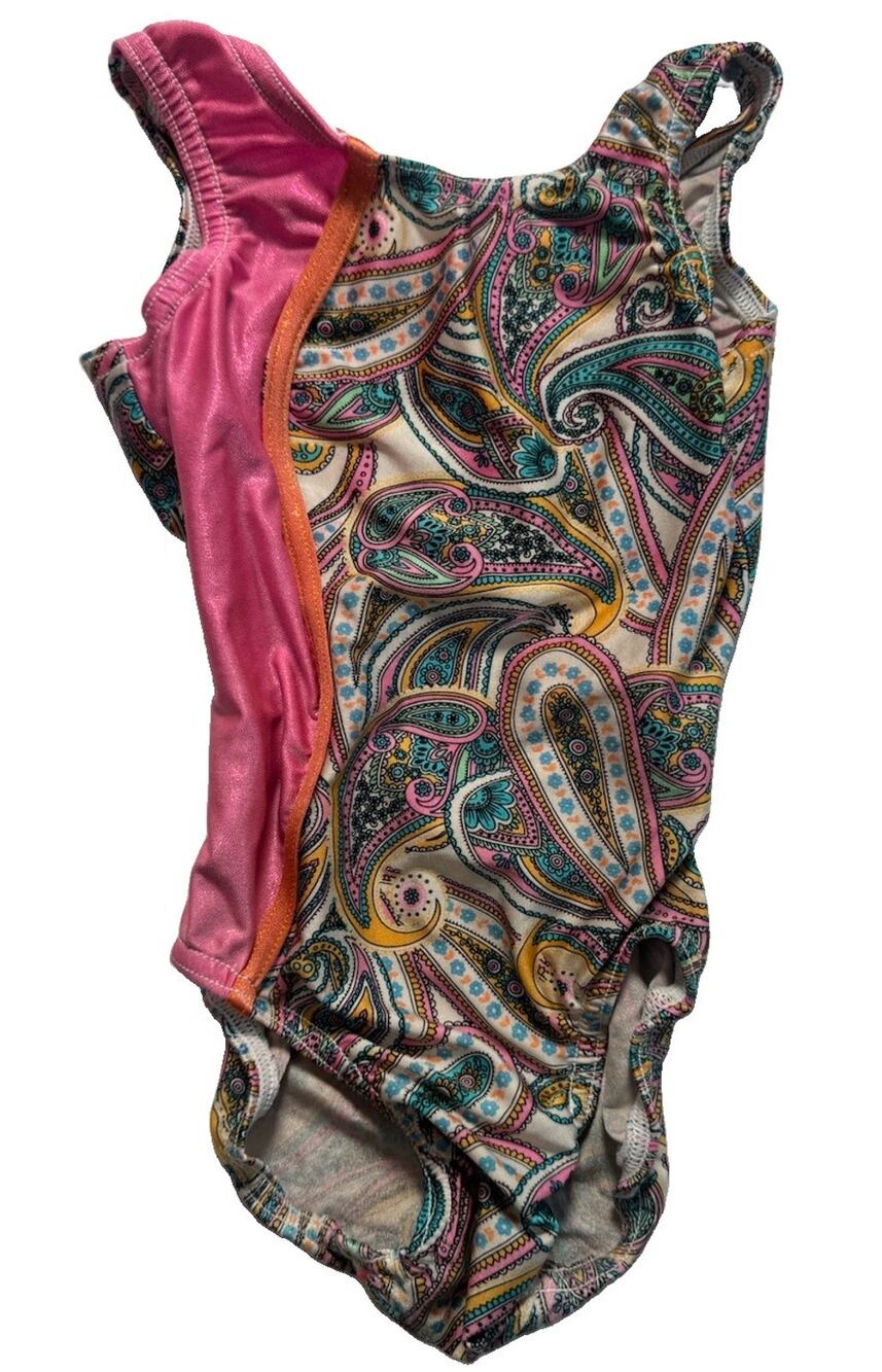 Jam Wear Leos Girls Gymnastics Leotard YM Paisley Pink Metallic Made USA
